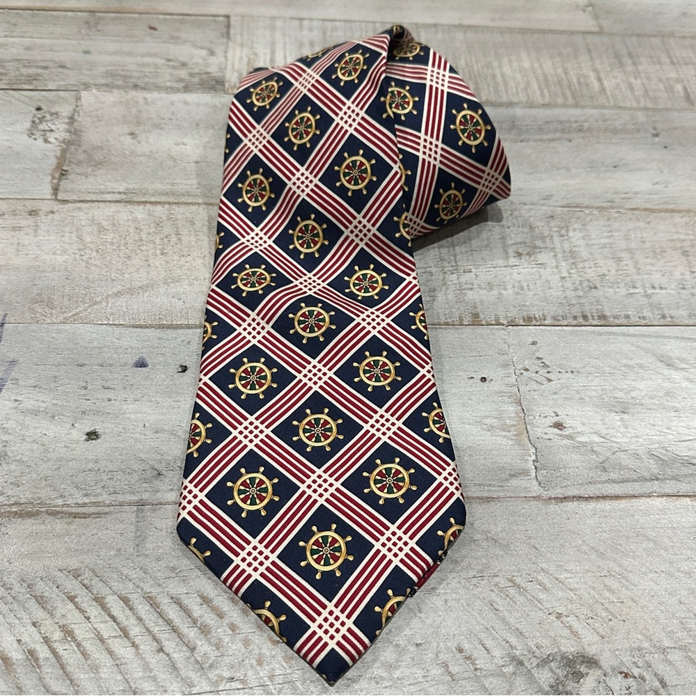 Tommy Hilfiger Italian Silk Nautical Wheel Tie Plaid
Blue Gold Deep Red